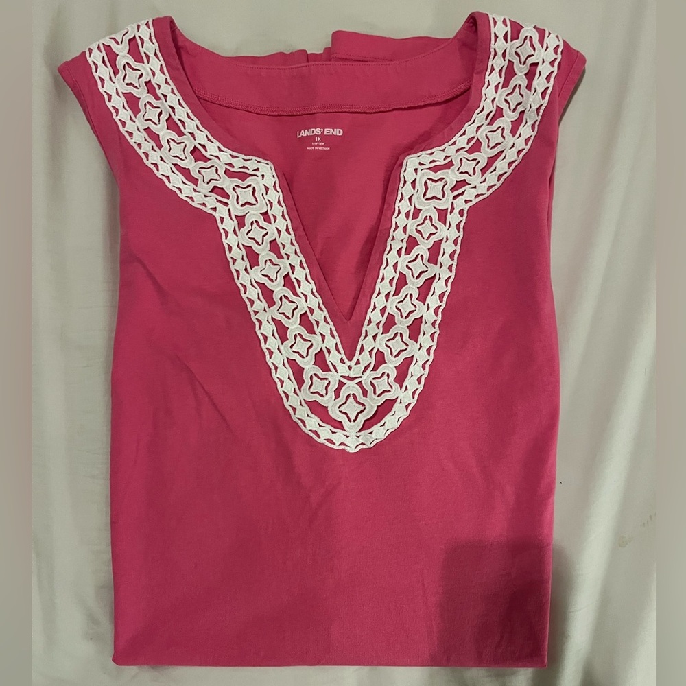 Lands’ End Pink Embroidered V-Neck Dress – Size 1X - Picture 2 of 6